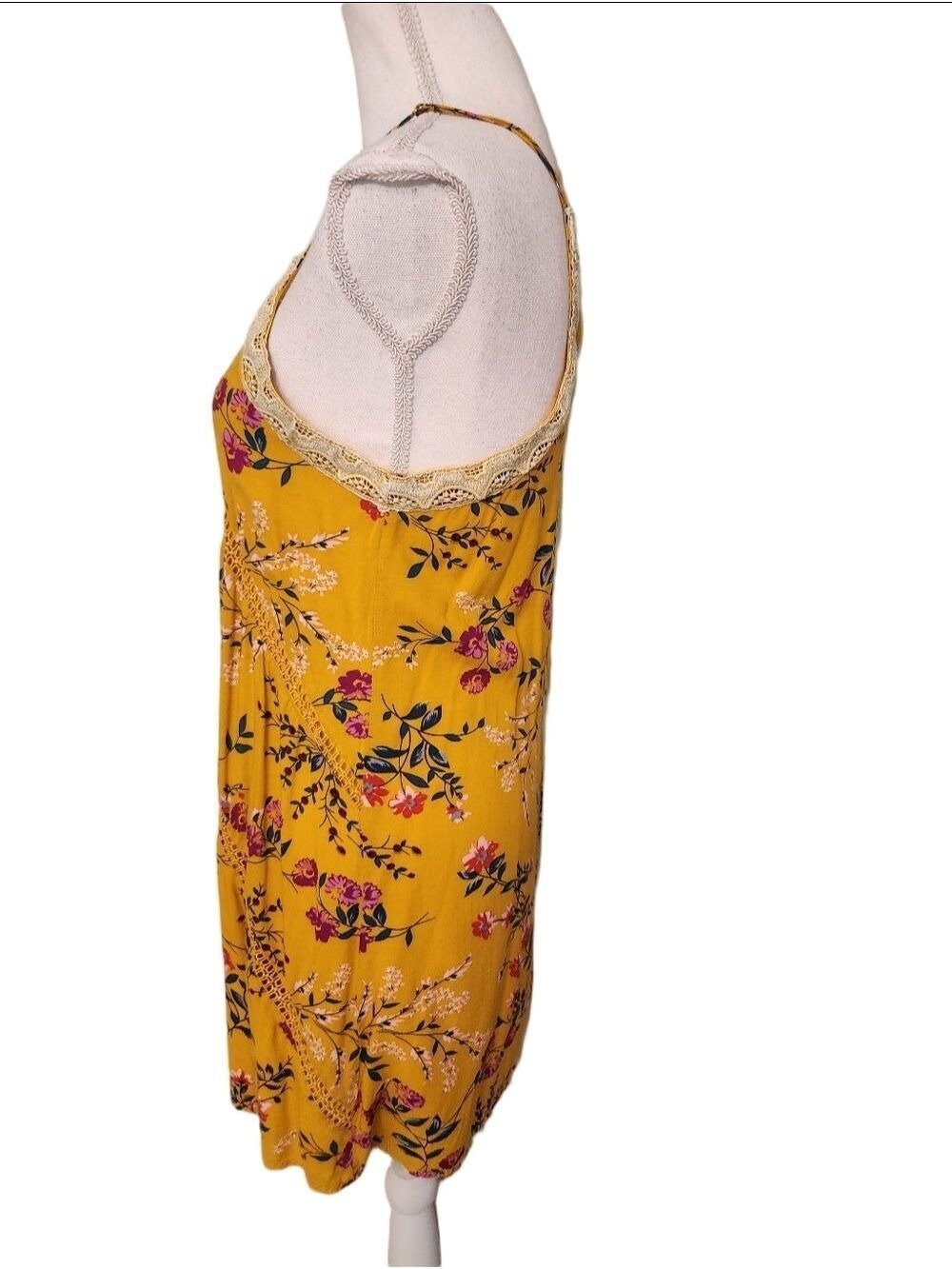 Blue Rain Floral Print Dress Small Yellow Lace Trim Sleeveless Summer Boho - Picture 11 of 16